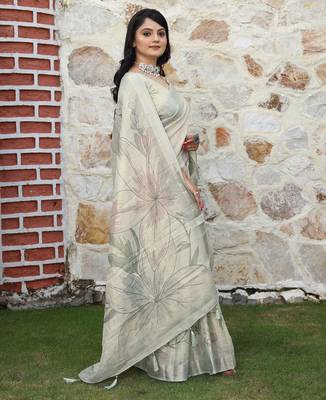 grey silk blend smart printed saree with woven border 5