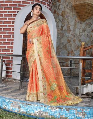 orange silk blend smart printed saree with woven border 1