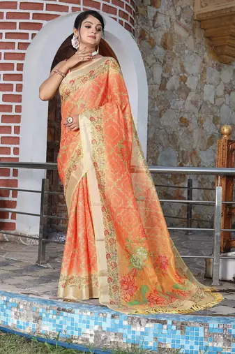 orange color silk blend fabric smart printed saree with woven border