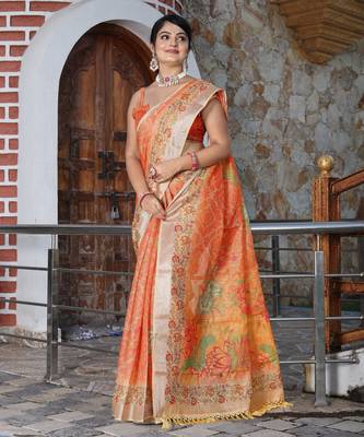orange silk blend smart printed saree with woven border 5