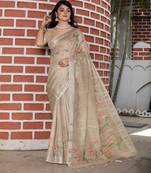 brown color silk blend fabric smart printed saree with woven border
