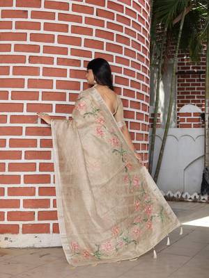 brown silk blend smart printed saree with woven border 3