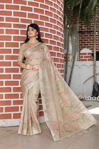 brown silk blend smart printed saree with woven border