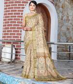 beige color silk blend fabric smart printed saree with woven border