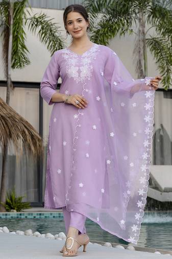 Women Beautiful Thread work Rayon Fabric with Straight Kurta, Pant and Dupatta Set