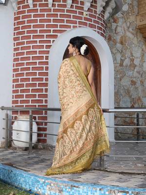 beige silk blend smart printed saree with woven border 3