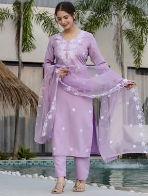 Women Beautiful Thread work Rayon with Straight Kurta Pant and Dupatta Set 3