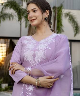 Women Beautiful Thread work Rayon with Straight Kurta Pant and Dupatta Set 5