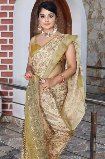 beige silk blend smart printed saree with woven border