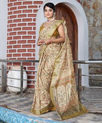 beige silk blend smart printed saree with woven border 5