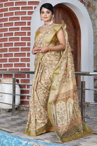 beige silk blend smart printed saree with woven border