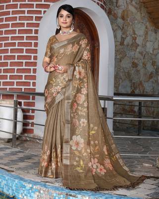 brown silk blend smart printed saree with woven border 1