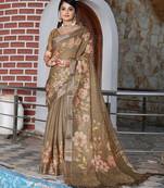 brown color silk blend fabric smart printed saree with woven border