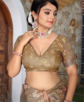 brown silk blend smart printed saree with woven border 6