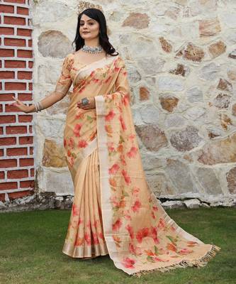 peach silk blend smart printed saree with woven border 1
