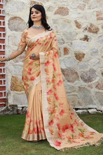 peach color silk blend fabric smart printed saree with woven border