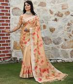 peach color silk blend fabric smart printed saree with woven border