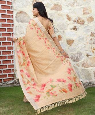 peach silk blend smart printed saree with woven border 2