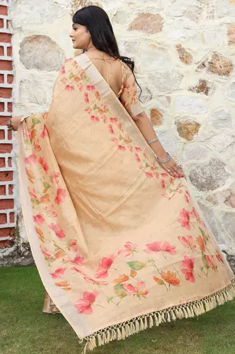 peach silk blend smart printed saree with woven border