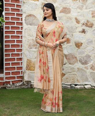 peach silk blend smart printed saree with woven border 4