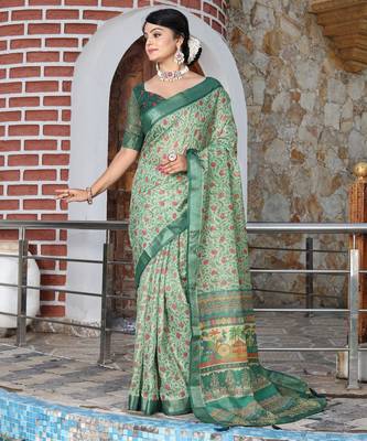 green silk blend smart printed saree with woven border 1