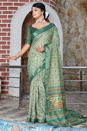 green color silk blend fabric smart printed saree with woven border