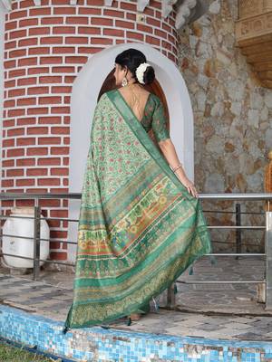 green silk blend smart printed saree with woven border 2
