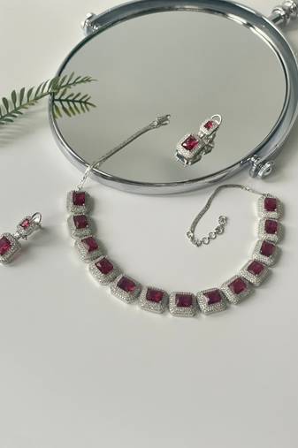 Silver plated red stone necklace set