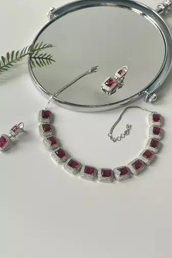 Silver plated red stone necklace set