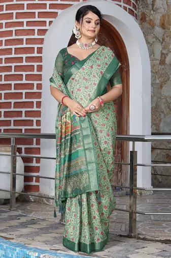 green silk blend smart printed saree with woven border