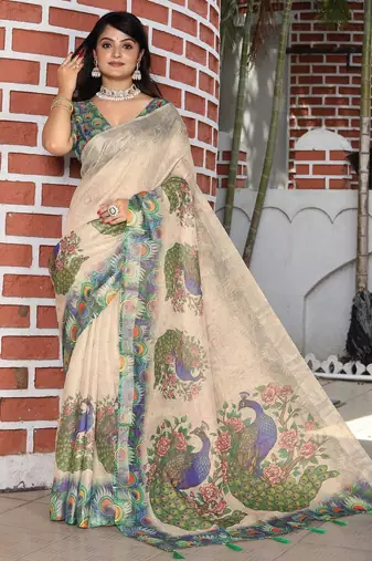 cream color silk blend fabric smart printed saree with woven border