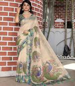 cream color silk blend fabric smart printed saree with woven border