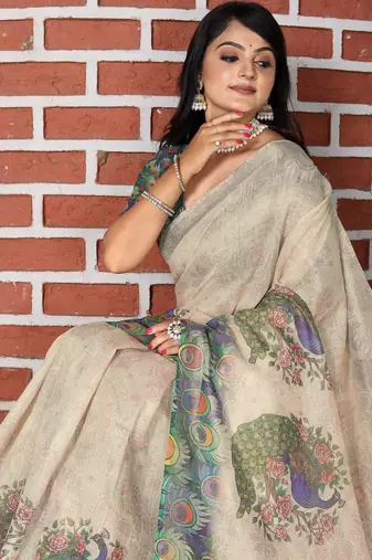 cream silk blend smart printed saree with woven border