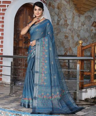 Blue cotton shimmer printed ethnic girlie saree 1