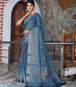 Blue color cotton shimmer fabric printed ethnic girlie saree