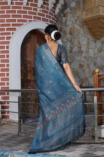 Blue cotton shimmer printed ethnic girlie saree