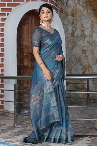 Blue cotton shimmer printed ethnic girlie saree