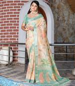 Cream color cotton shimmer fabric printed ethnic girlie saree