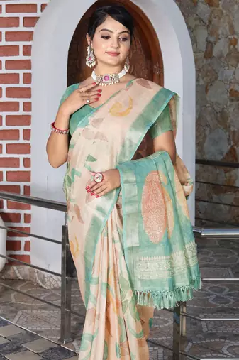 Cream cotton shimmer printed ethnic girlie saree