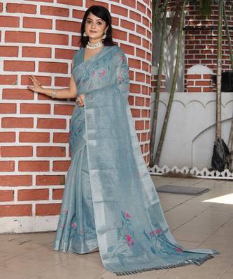 Grey cotton shimmer printed ethnic girlie saree 1