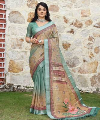 Green cotton shimmer printed ethnic girlie saree 1