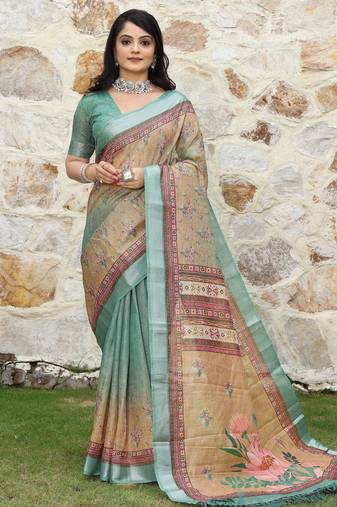 Green color  cotton shimmer fabric designer printed ethnic girlie saree