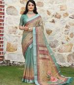 Green color cotton shimmer fabric printed ethnic girlie saree