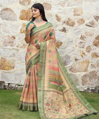 Peach cotton shimmer printed ethnic girlie saree 1
