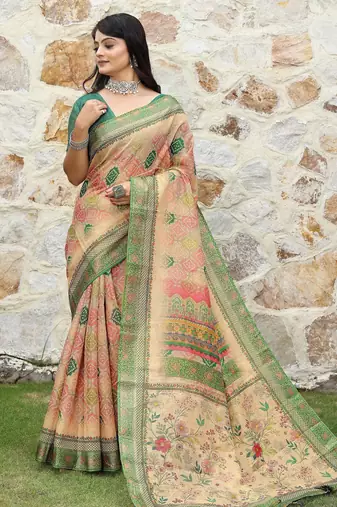 Peach color  cotton shimmer fabric designer printed ethnic girlie saree