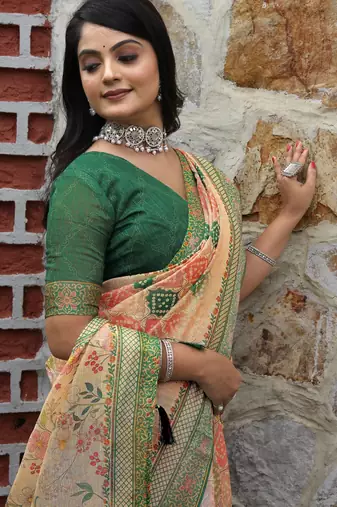 Peach cotton shimmer printed ethnic girlie saree