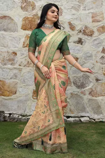 Peach cotton shimmer printed ethnic girlie saree