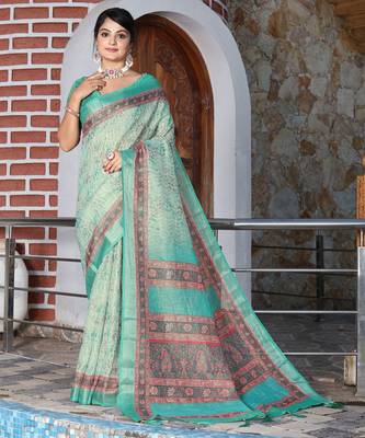 Sea green cotton shimmer printed ethnic girlie saree 1