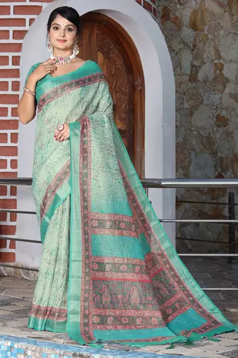 Sea green color  cotton shimmer fabric designer printed ethnic girlie saree