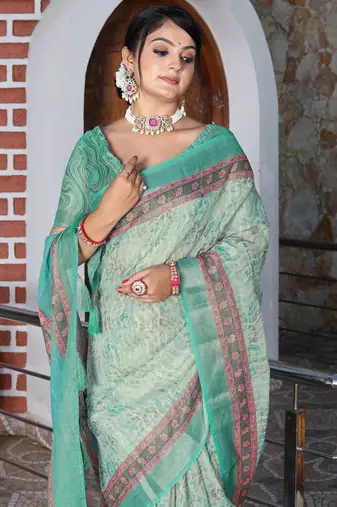 Sea green cotton shimmer printed ethnic girlie saree
